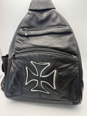 Black Leather Cross Accent Sling Bag / Backpack